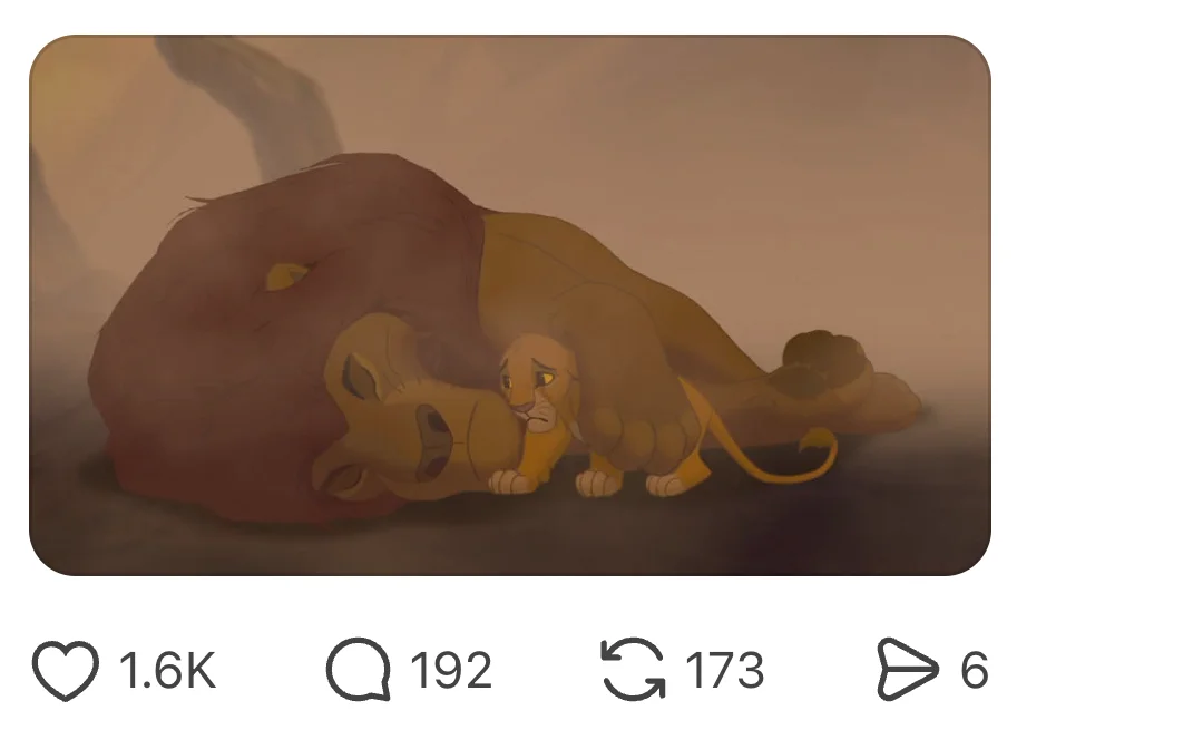 Cartoon scene of a young lion mourning an adult lion, shared with text about childhood trauma from cartoons