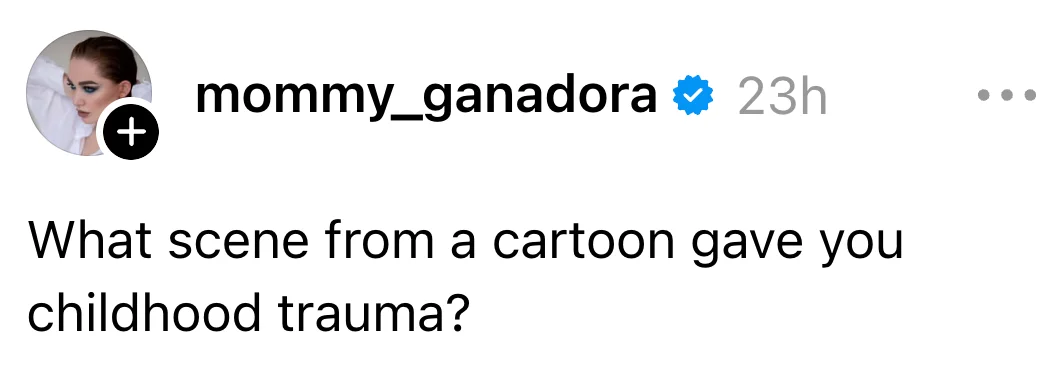 Instagram post: A meme asks "What scene from a cartoon gave you childhood trauma?" with an image of the Lion King scene where the lion cub mourns