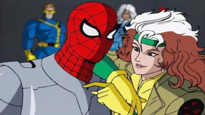 Rogue flirting with captured Spider-Man with the other X-Men in the background on Spider-Man (1994)