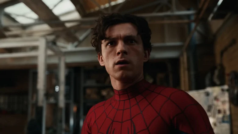 Tom Holland as Spider-Man with his mask off in his apartment in Spider-Man: Brand New Day