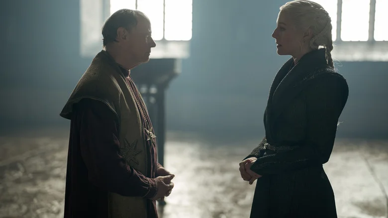 Emma D'Arcy as Rhaenyra Targaryen standing opposite Simon Chandler as the High Septon in House of the Dragon
