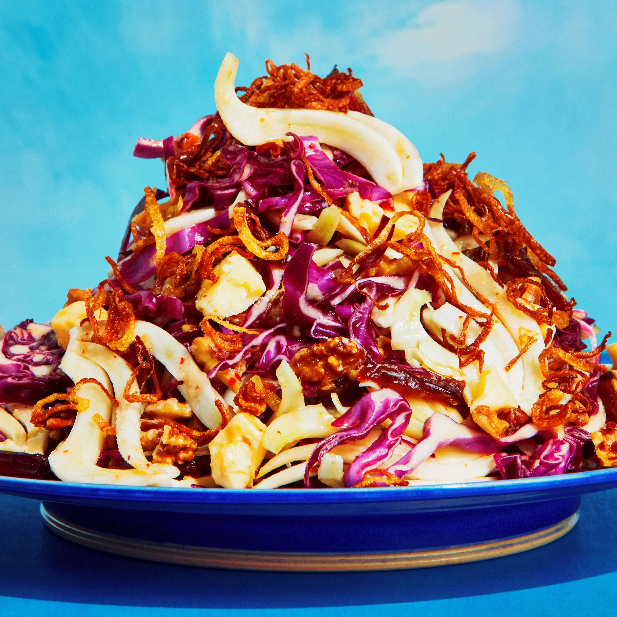 Shredded red cabbage thinly sliced fennel bulbs sliced Medjool dates and crumbled white cheddar tossed in a dressing of...