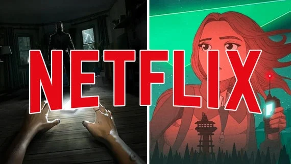 A composite image showing two hands grasping for a phone in the dark on one side of the image, an anime style girl in a sci-fi setting on the right-hand side of the image, and Netflix's logo emblazoned over both.