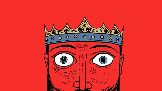 The King is Watching official key art showing the top half of a hand-drawn king's face and golden grown, against a red background
