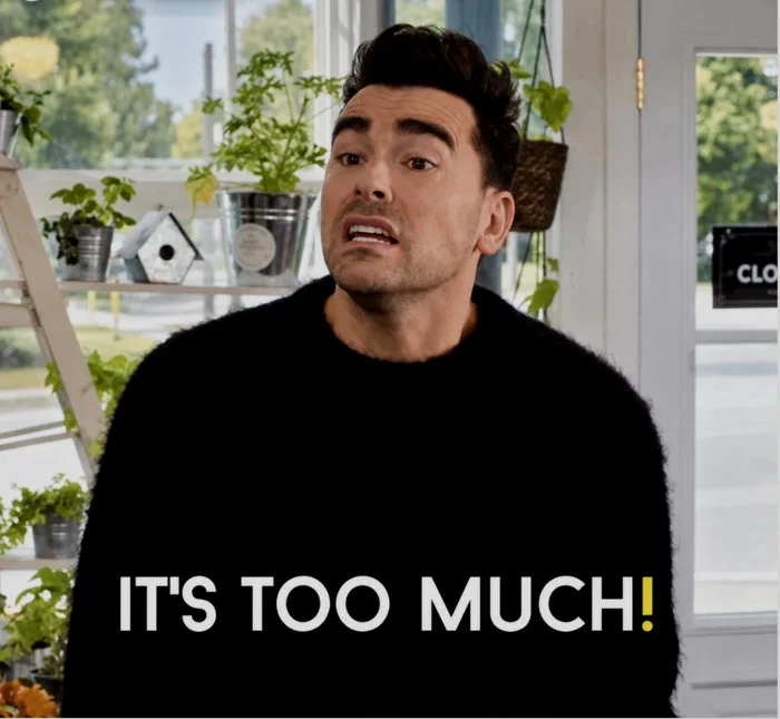 Person in a black sweater appears overwhelmed in a plant shop. Text reads, "IT'S TOO MUCH!"