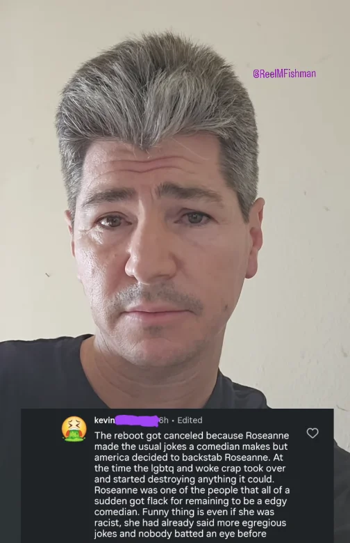 Person with graying hair and facial hair. Text below discusses opinions related to a cancellation of a TV reboot