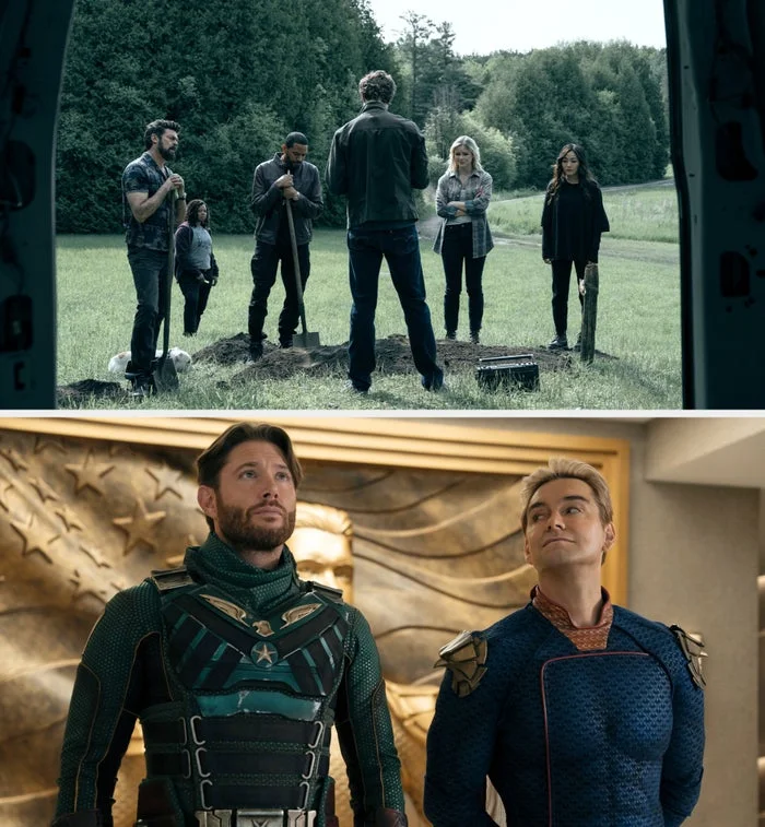 Two scenes from a TV series: a group stands in a wooded area, and two actors in superhero costumes pose in an elegant building