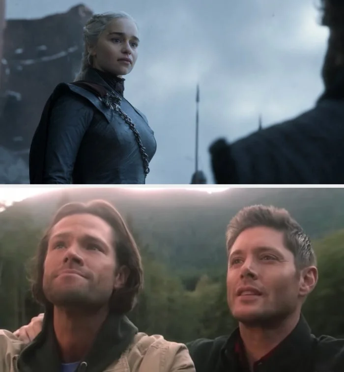 Top: A character in medieval-inspired armor stands confidently. Bottom: Two characters sit closely in a scenic, forested setting