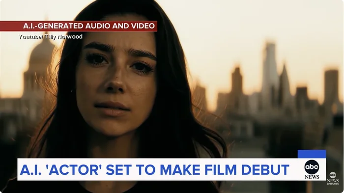 A digital woman's face is shown with a city skyline background. Text overlay: "A.I. actor set to make film debut."