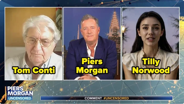 Three people on a video call for "Piers Morgan Uncensored." Two men in suits and one woman in a blouse are participating in the discussion