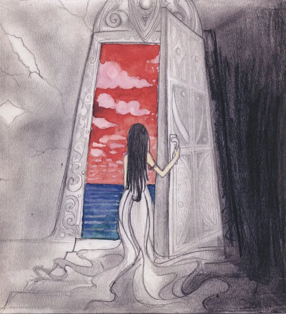 Illustration of a woman in a gown standing at an ornate doorway, gazing out at a red sky over the sea