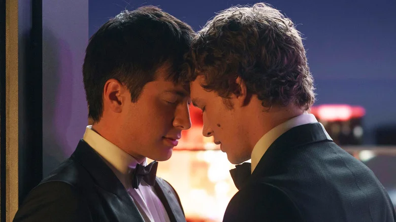 Shane (Hudson Williams) and Ilya (Connor Storrie) embrace in Heated Rivalry