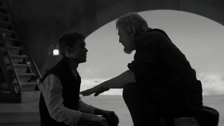 Brenton Thwaites as Jonas speaking with Jeff Bridges as the Giver in The Giver