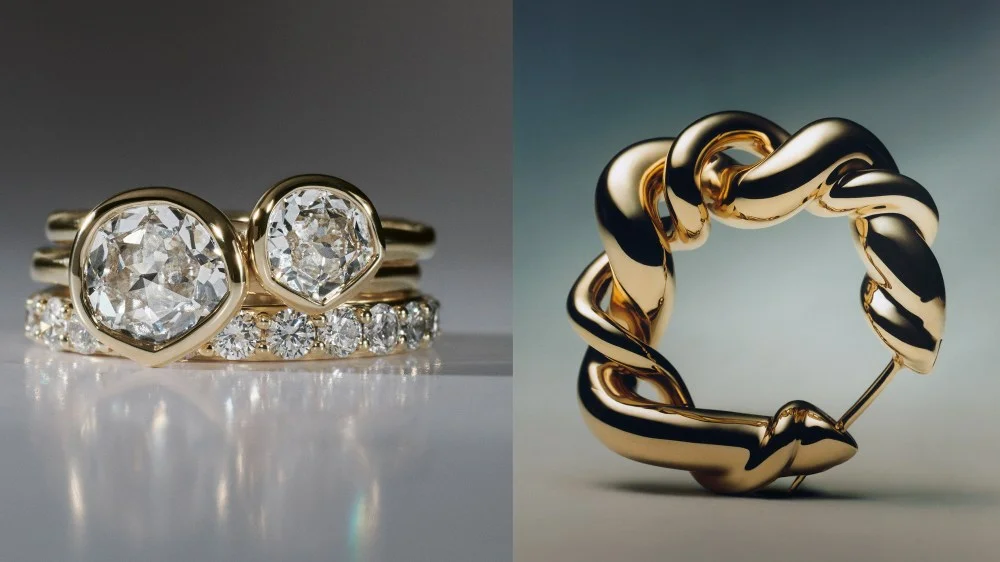 From Monica Vinader, MV Siren diamond ring stack; MV Ochre hoop earring.