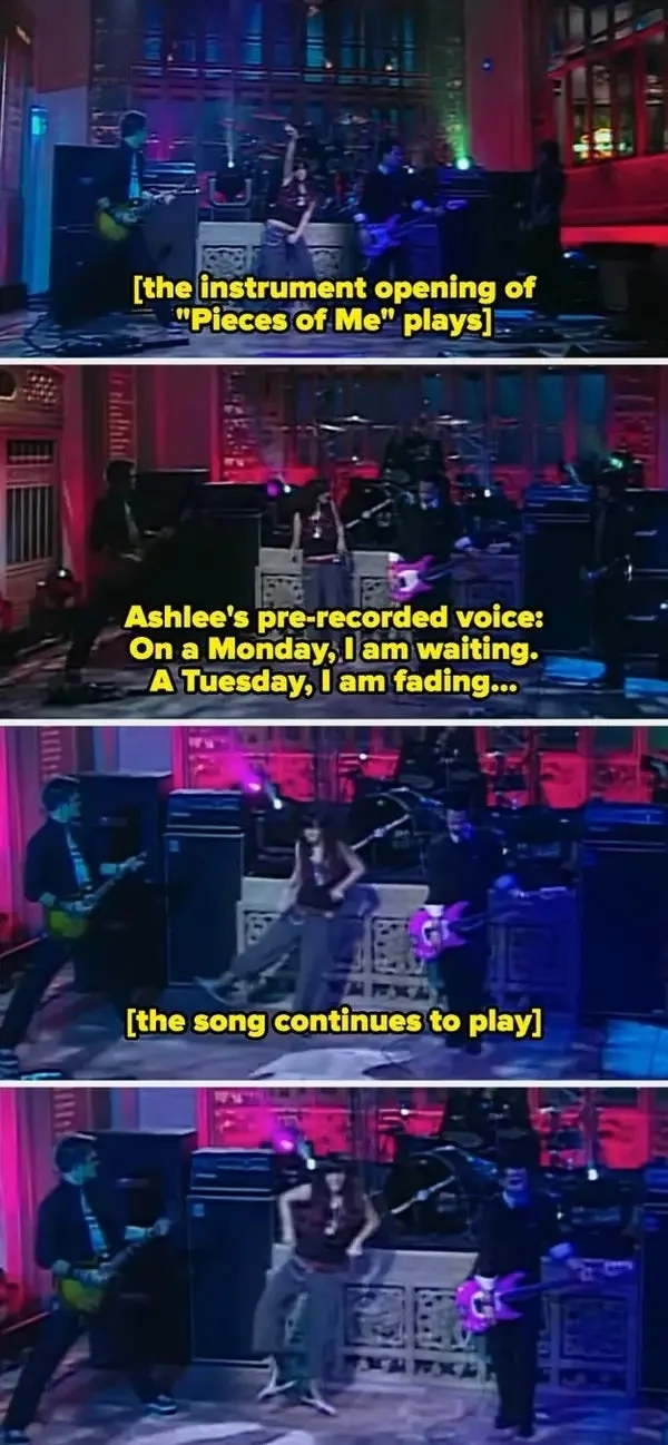 Ashlee Simpson performs with pre-recorded track mishap on live stage. Band plays as her vocal track starts unexpectedly