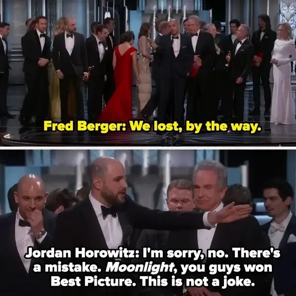 Fred Berger says, "We lost, by the way," and Jordan Horowitz says, "I'm sorry, no. There's a mistake. Moonlight, you guys won. This is not a joke"
