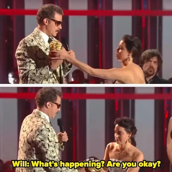 Aubrey tries to take Will's award onstage. He asks, "What's happening? Are you okay?"