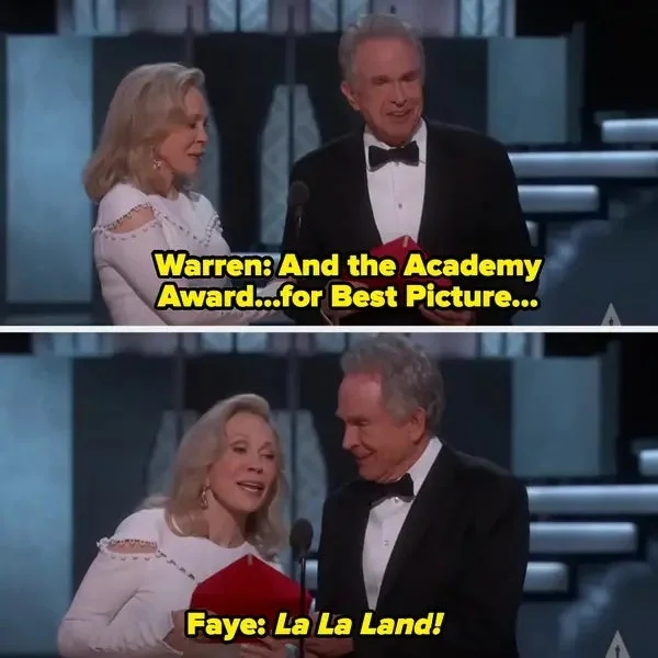 Faye Dunaway and Warren Beatty on stage announcing the wrong Best Picture winner, saying "La La Land."