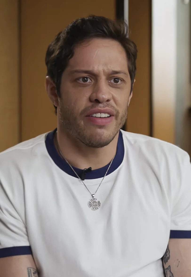 A person with short hair and facial hair wears a casual white T-shirt and necklace; they appear to be speaking or reacting