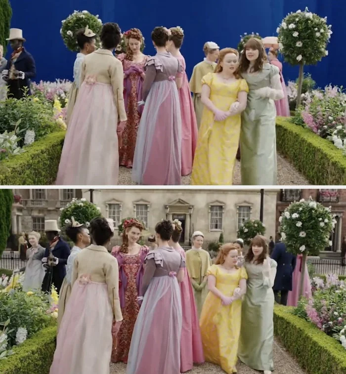 People in Regency-era outfits, walking in a garden setting, wearing elegant dresses with floral and ribbon details, conversing and enjoying the scene