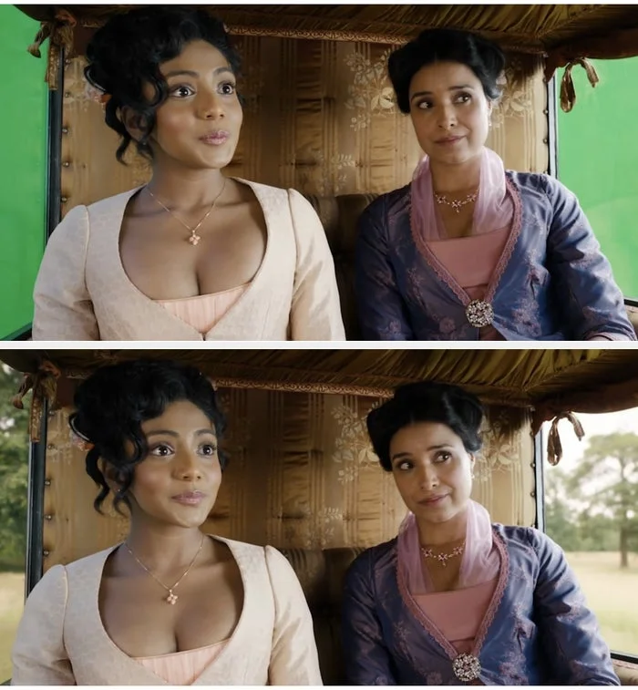 Two women in a period drama setting, riding in an elegant carriage, wearing early 19th-century dresses with detailed necklines and jewelry