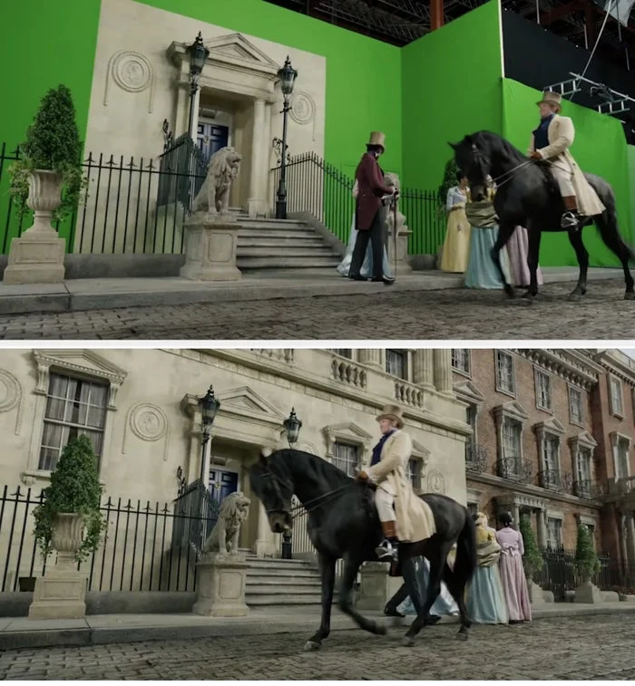 Two film scene images show actors dressed in period costumes in front of green screens on a cobbled street set