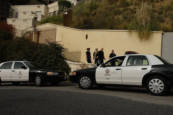 Police cars parked on a street near a hill, with officers gathered beside a gated residence