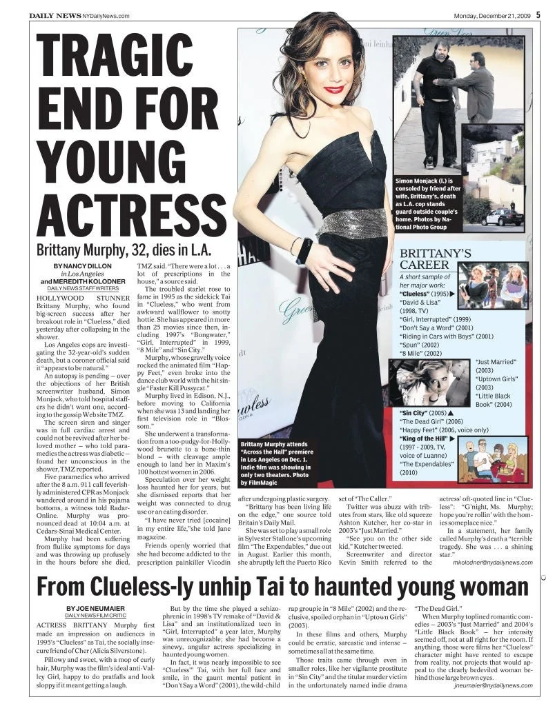 News article about Brittany Murphy's death at 32. Highlights her career, including roles in "Clueless" and "8 Mile," with career timeline and photos