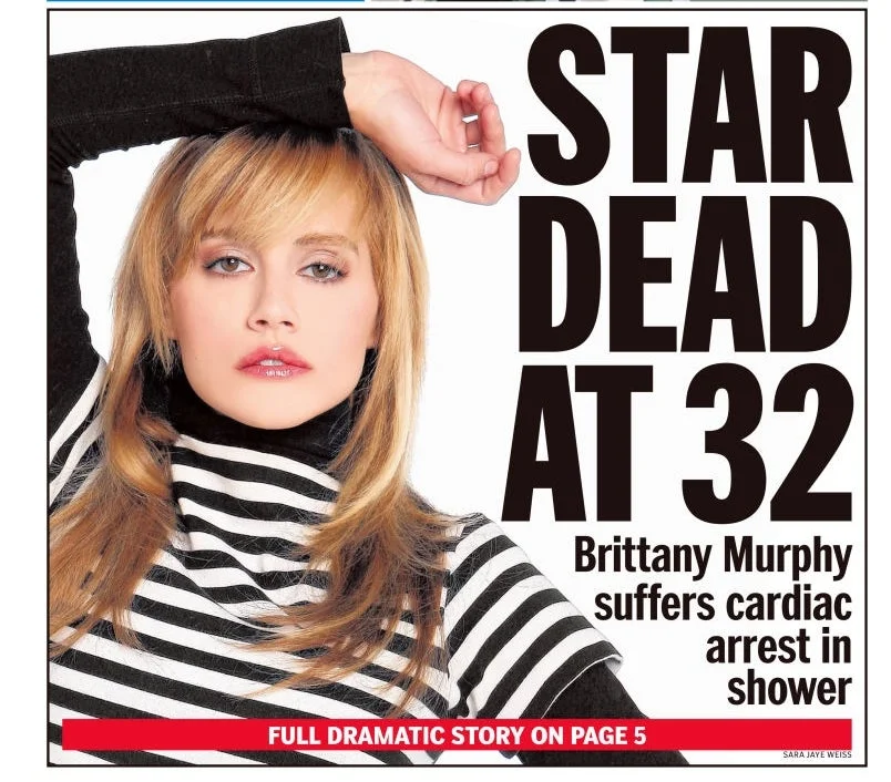 Newspaper front page with headline "Star Dead at 32: Brittany Murphy suffers cardiac arrest in shower." Sports headline about Jets coach and season end