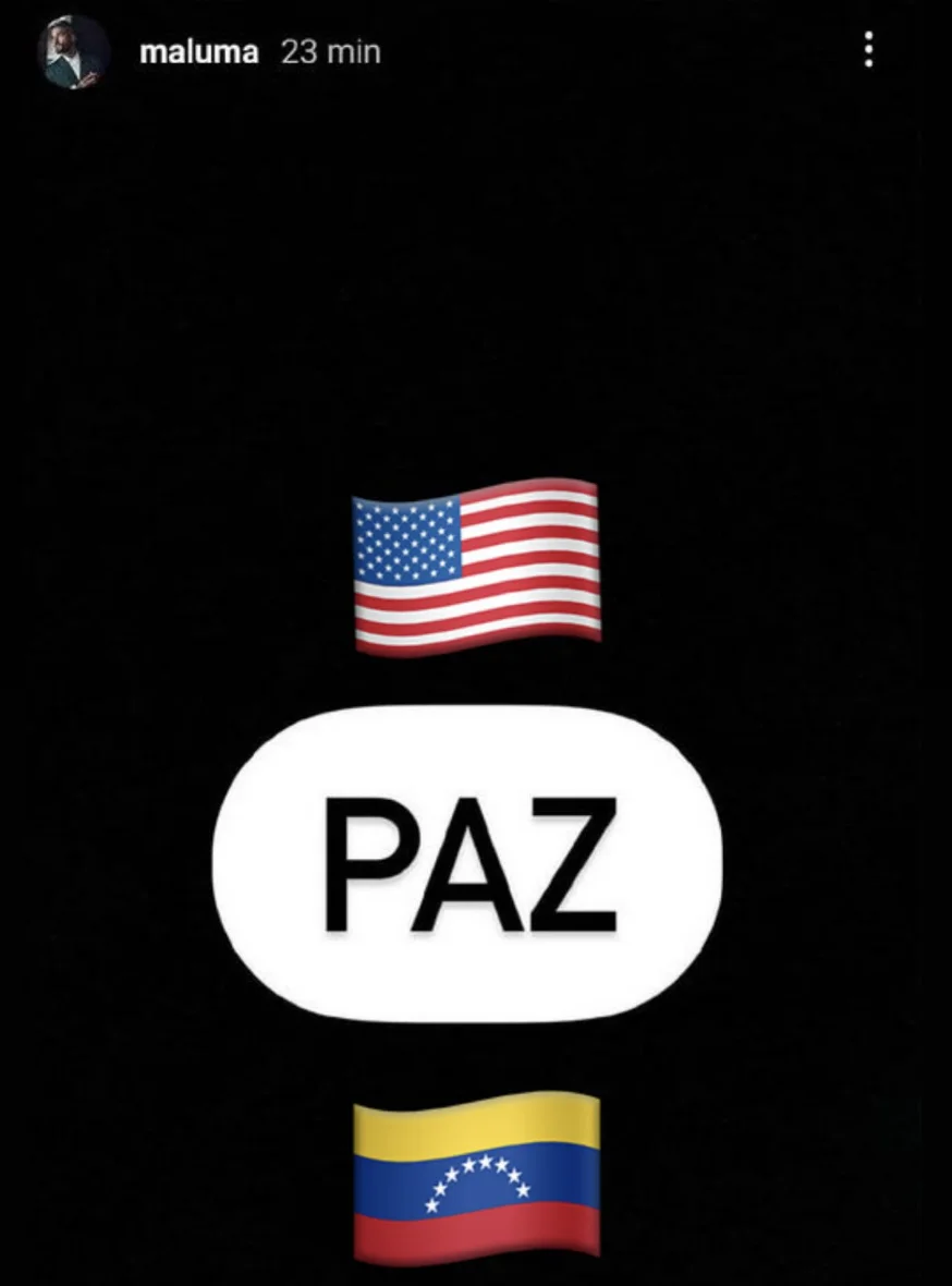 IG story from Maluma: U.S. and Venezuelan flags with "PAZ" in between, symbolizing a call for peace